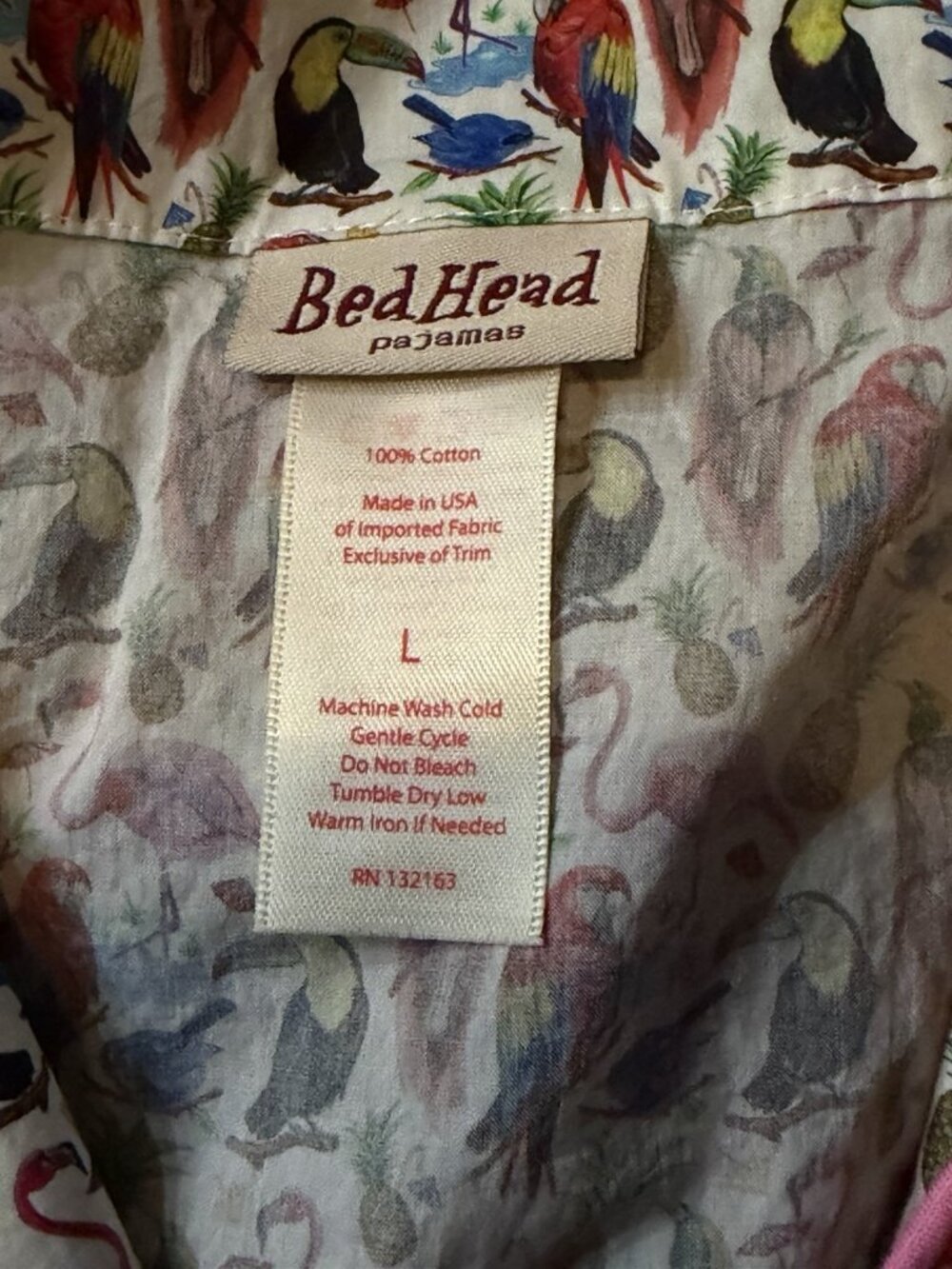 BedHead Pajamas Tropical Bird & Flamingo 100% Cotton Pajama Set Sz L Made In USA - Picture 4 of 5